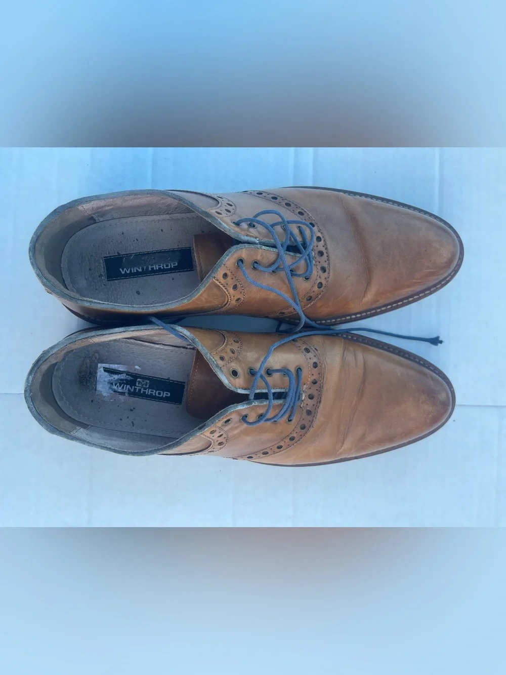 Men's Tan Leather Brogue Derbys with Blue Laces
